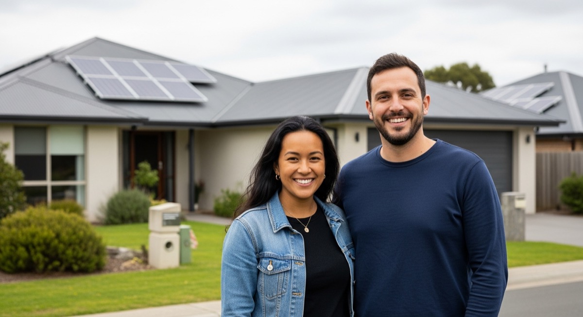 A Tasmanian couple outside their solar-powered home