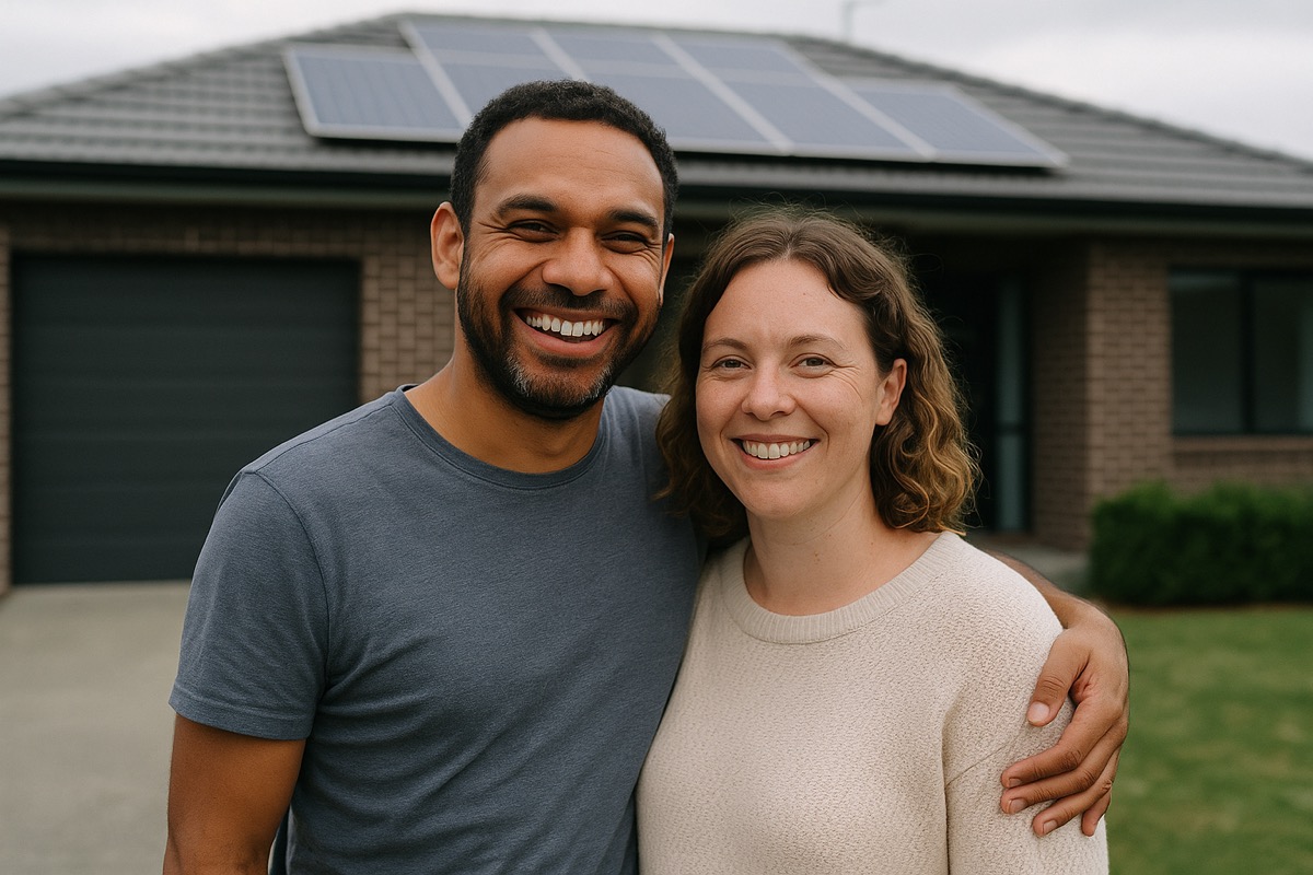 Tasmanian homeowners outside their solar-powered home